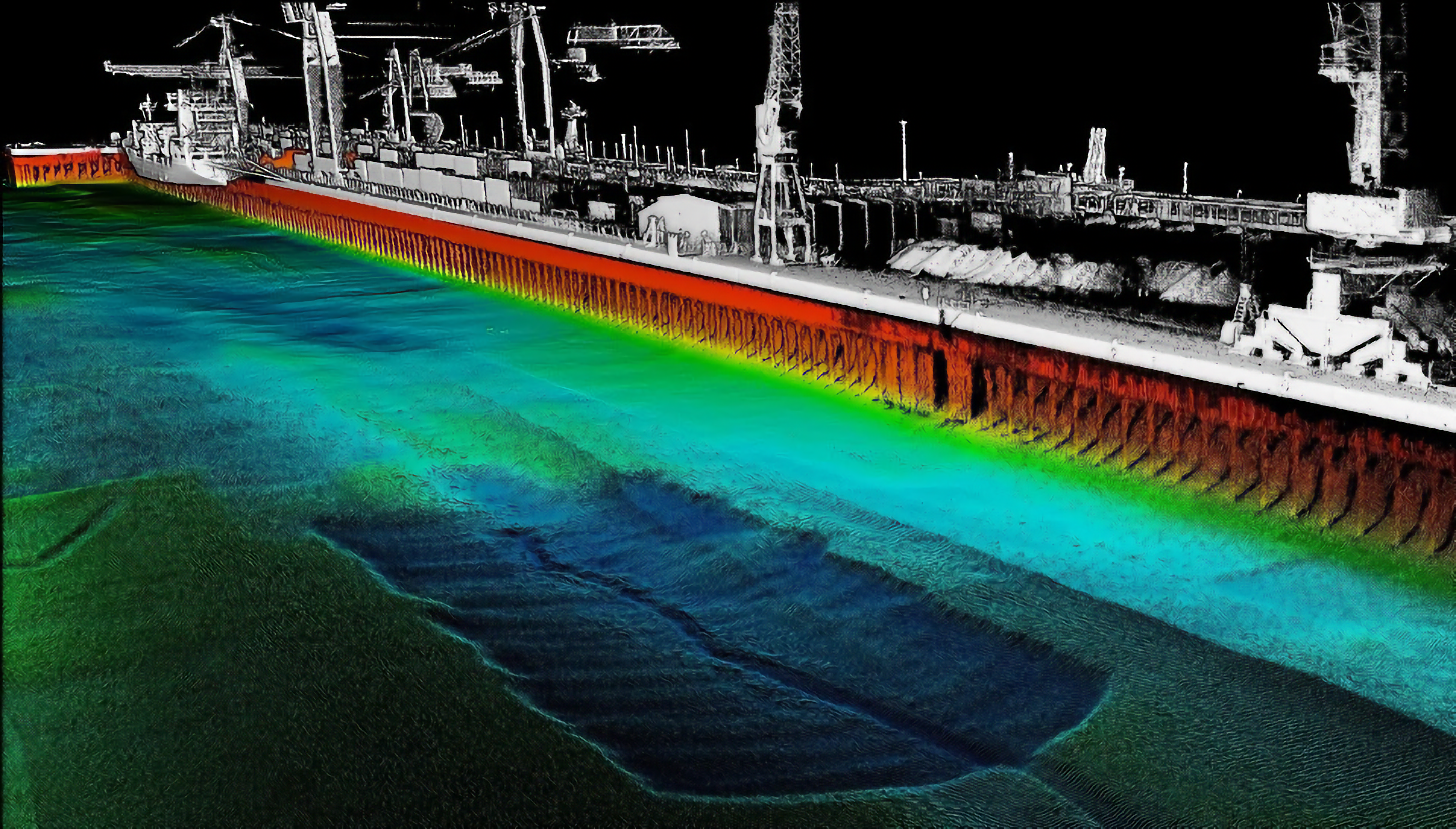 colorful sonar scan of in-water support structures in a port