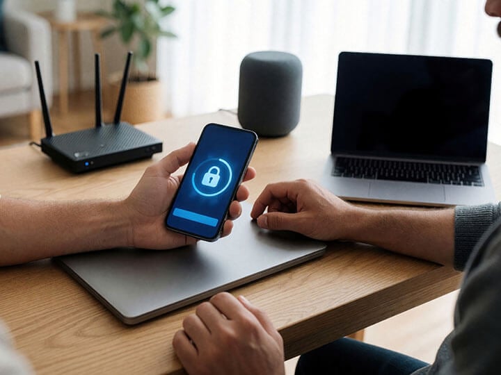 Adult male checks security app on smartphone at home office desk with laptop and wifi router
