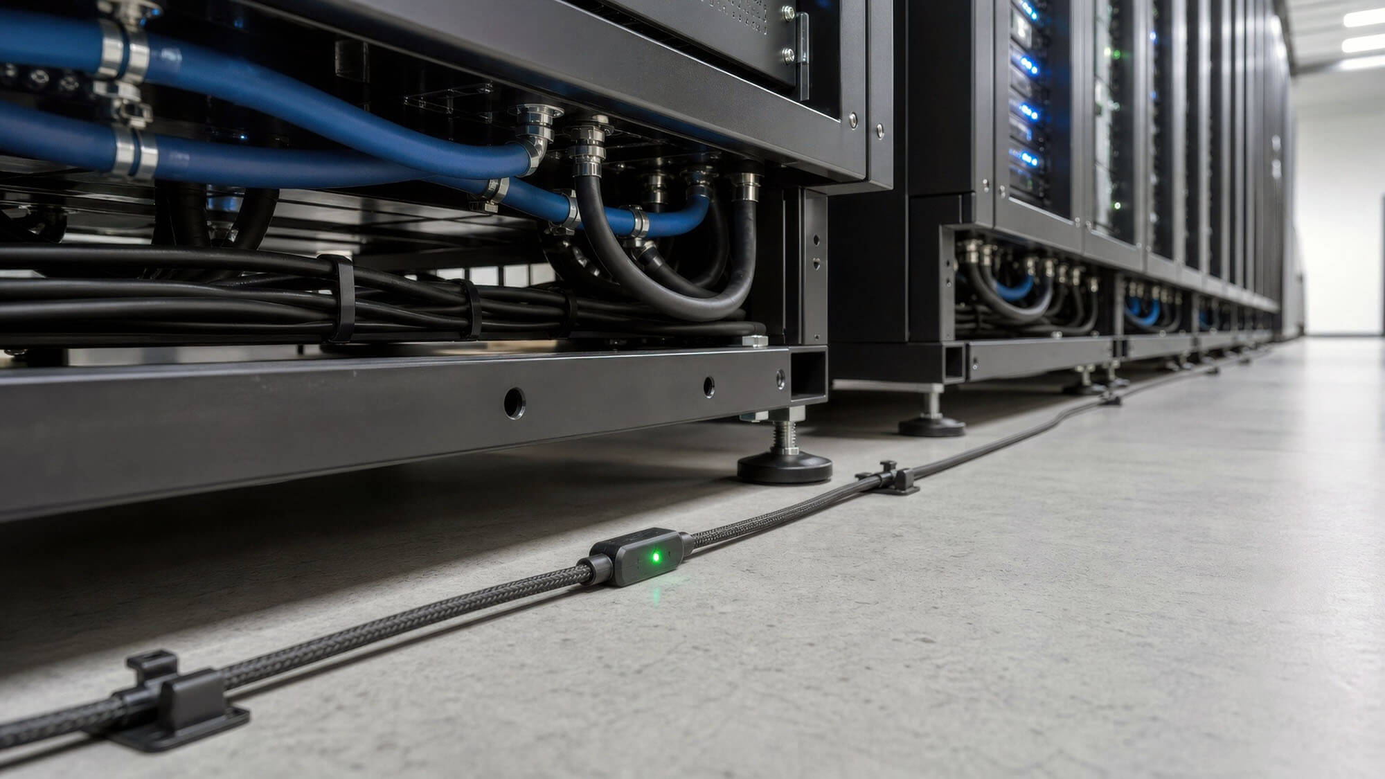 Compact leak detection cable installed beneath liquid-cooled server racks, for data center efficiency, power systems and cooling technology 
