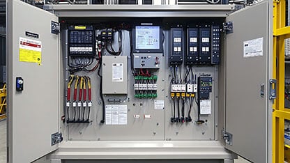 A close-up of an industrial power control box with safety labels, wiring, and leakage detection systems.
