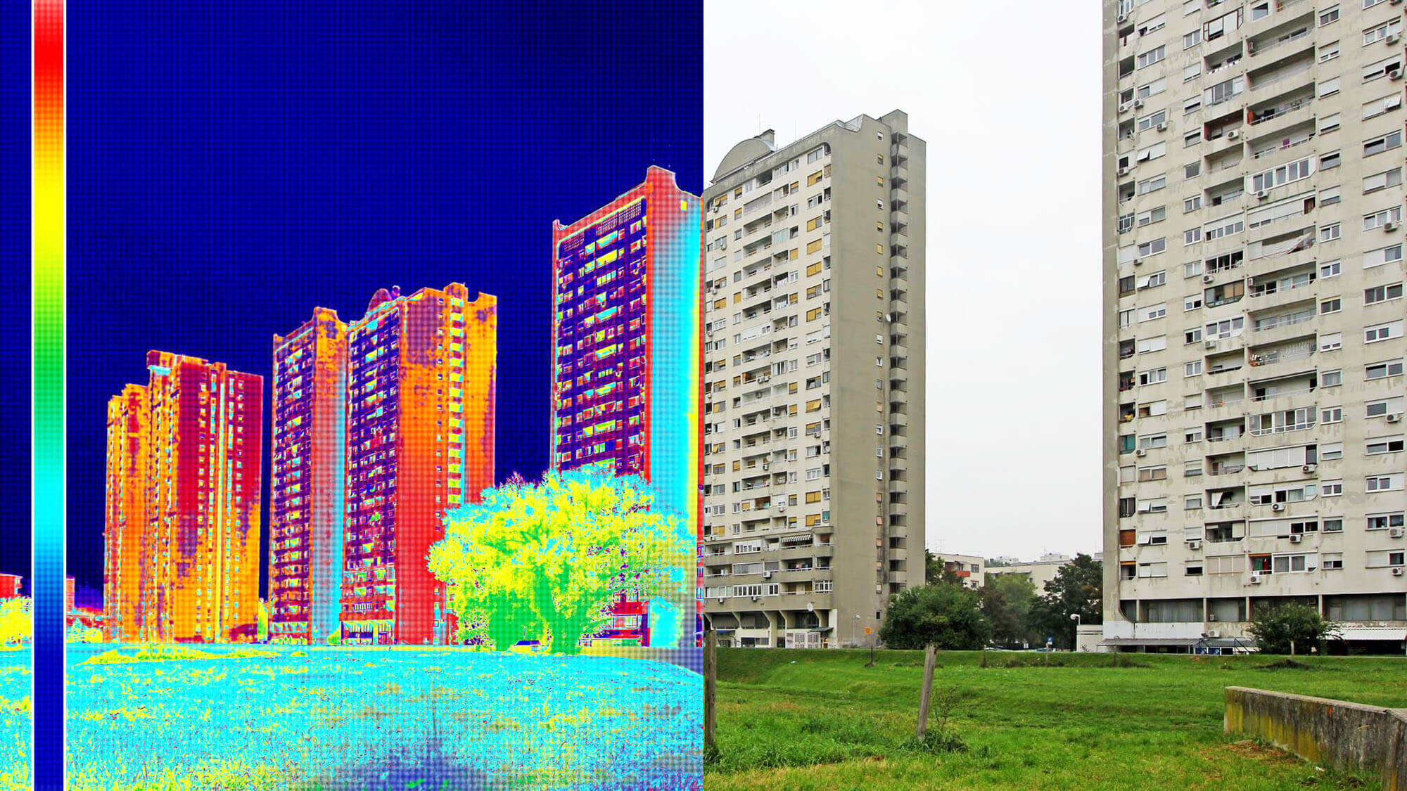 Infrared and real image showing lack of thermal insulation on Residential building