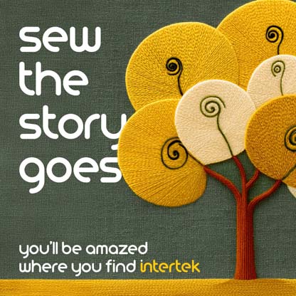 Embroidered tree art with yellow and white circular leaves and the phrase "sew the story goes" alongside Intertek branding.