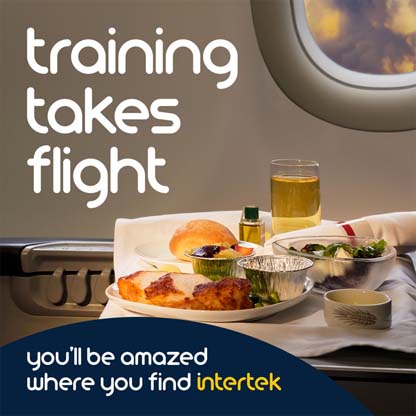 Airplane meal tray with food and drink next to a window, with the phrase "training takes flight" and Intertek logo.